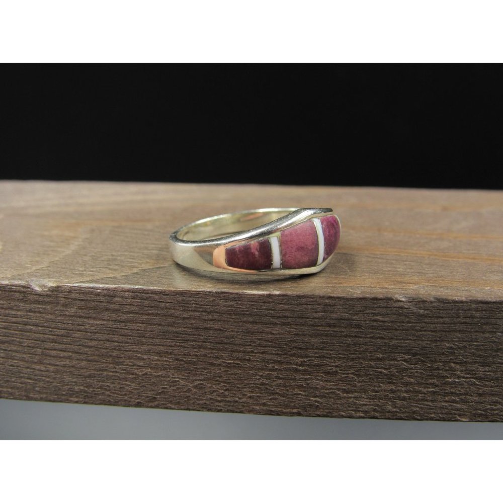 Size 8 Sterling Silver Purple And White Inlay Quality Band Ring Vintage - Picture 2 of 7